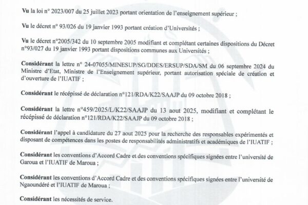 Décision d&rsquo;admission Responsables à l&rsquo;IUATIF de Maroua 1